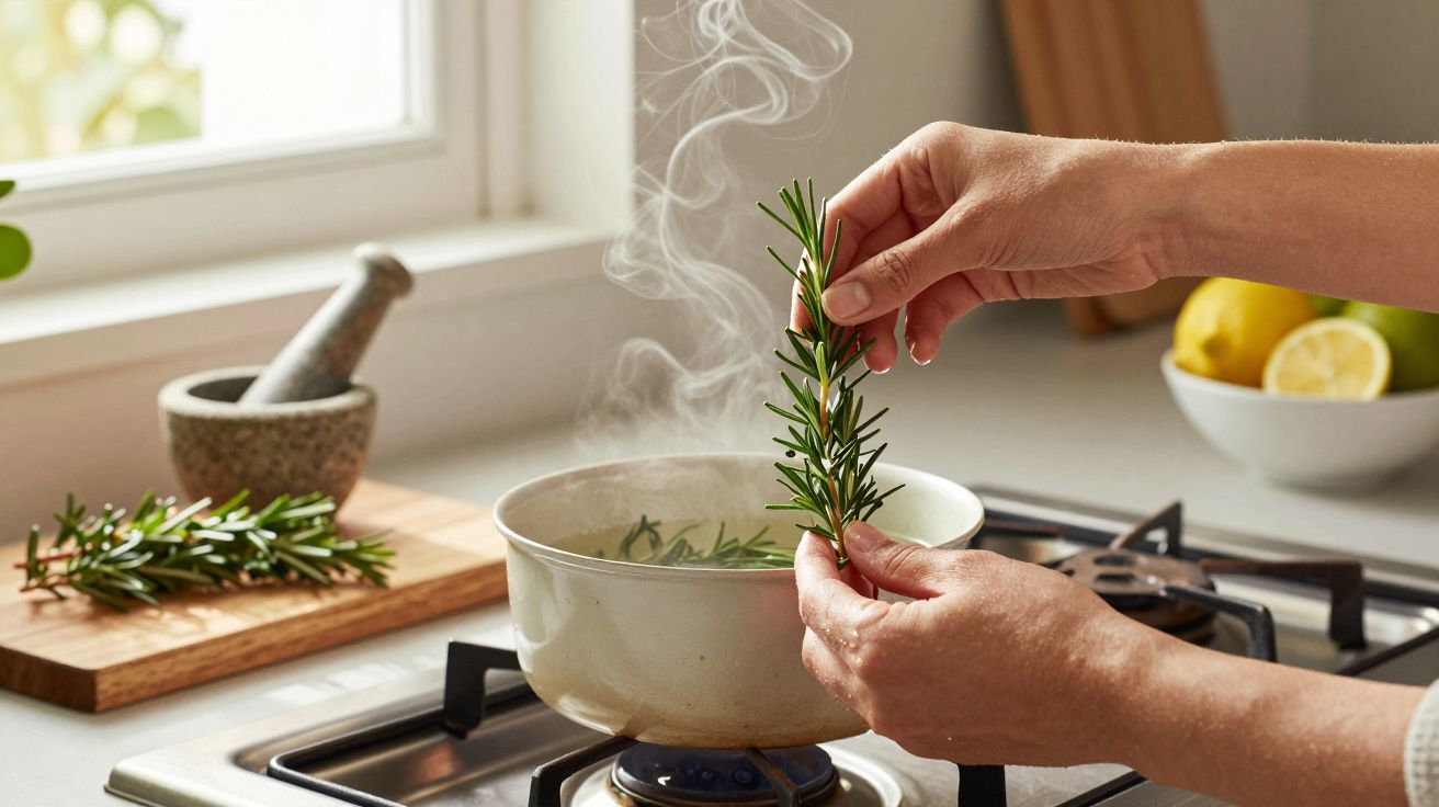 Mãos segurando ramo de alecrim sobre panela a ferver no fogão; fundo com tábua, limões e almofariz.