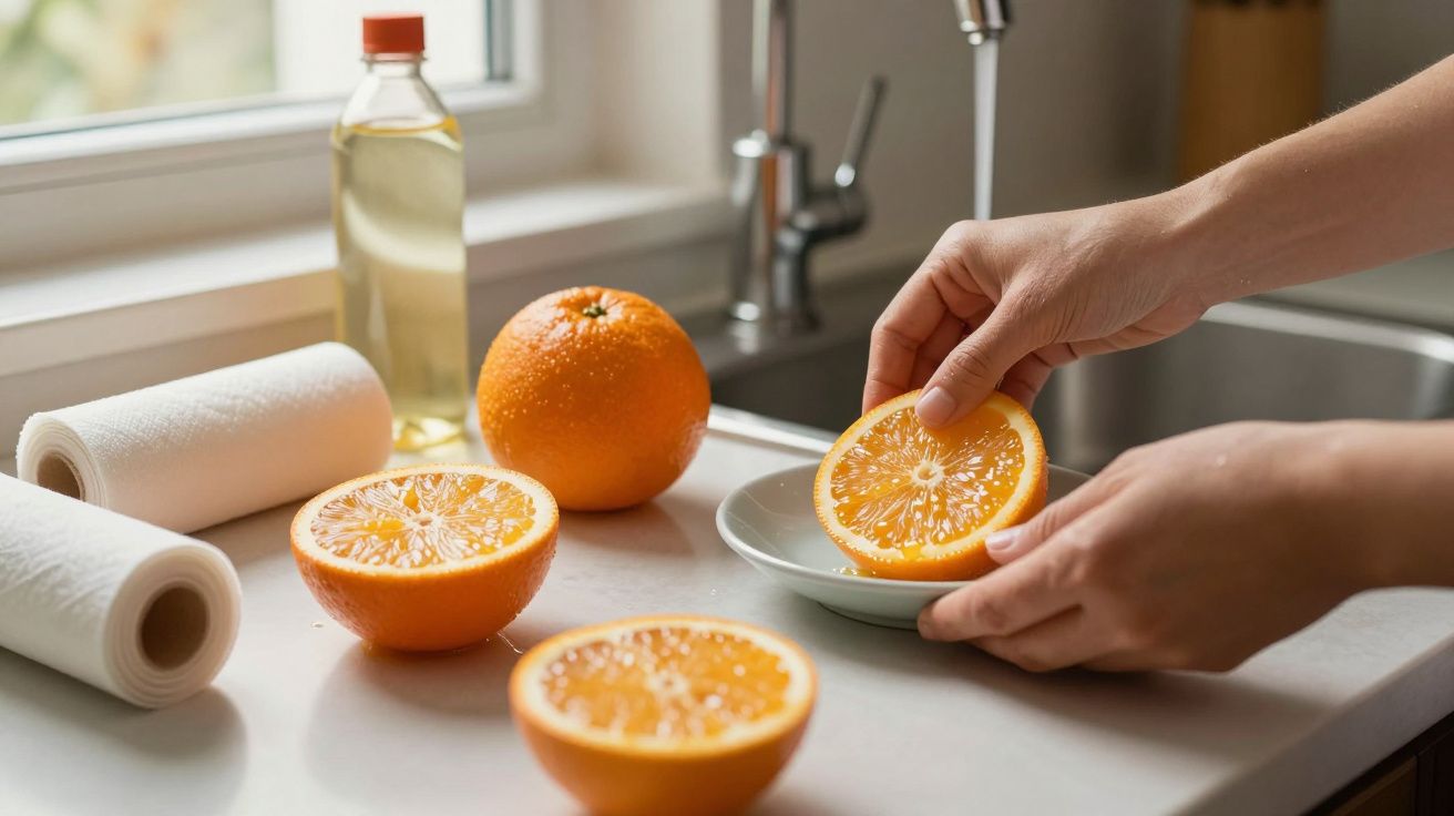 Mãos segurando meia laranja sobre uma bancada de cozinha, com outras laranjas próximas e um frasco ao fundo.
