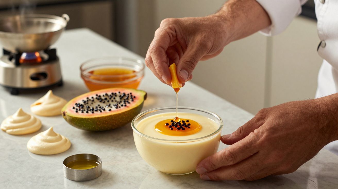 Mãos decoram sobremesa de maracujá com calda e sementes em uma cozinha, com ingredientes ao fundo.