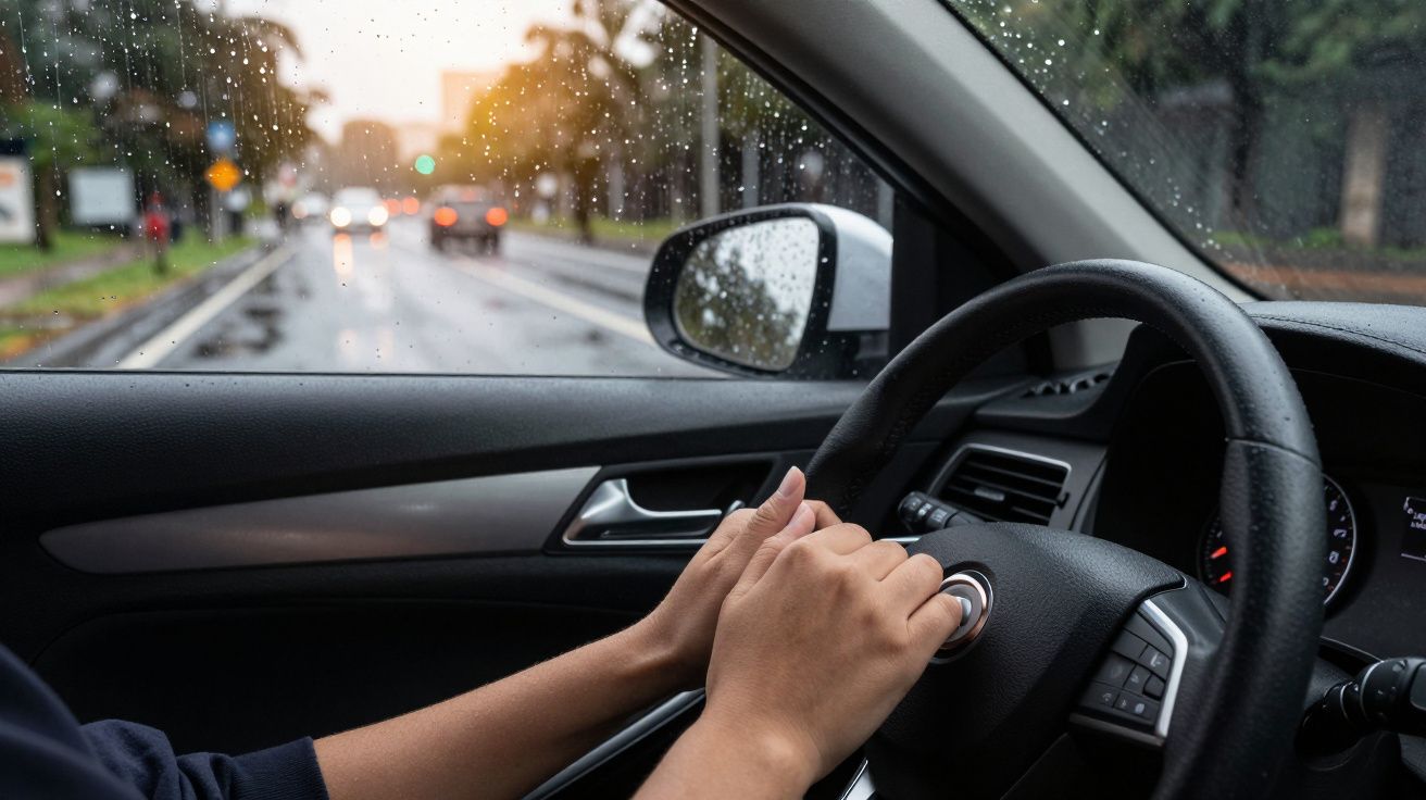 Pessoa a conduzir carro numa rua molhada pela chuva, de manhã cedo, com mãos no volante.