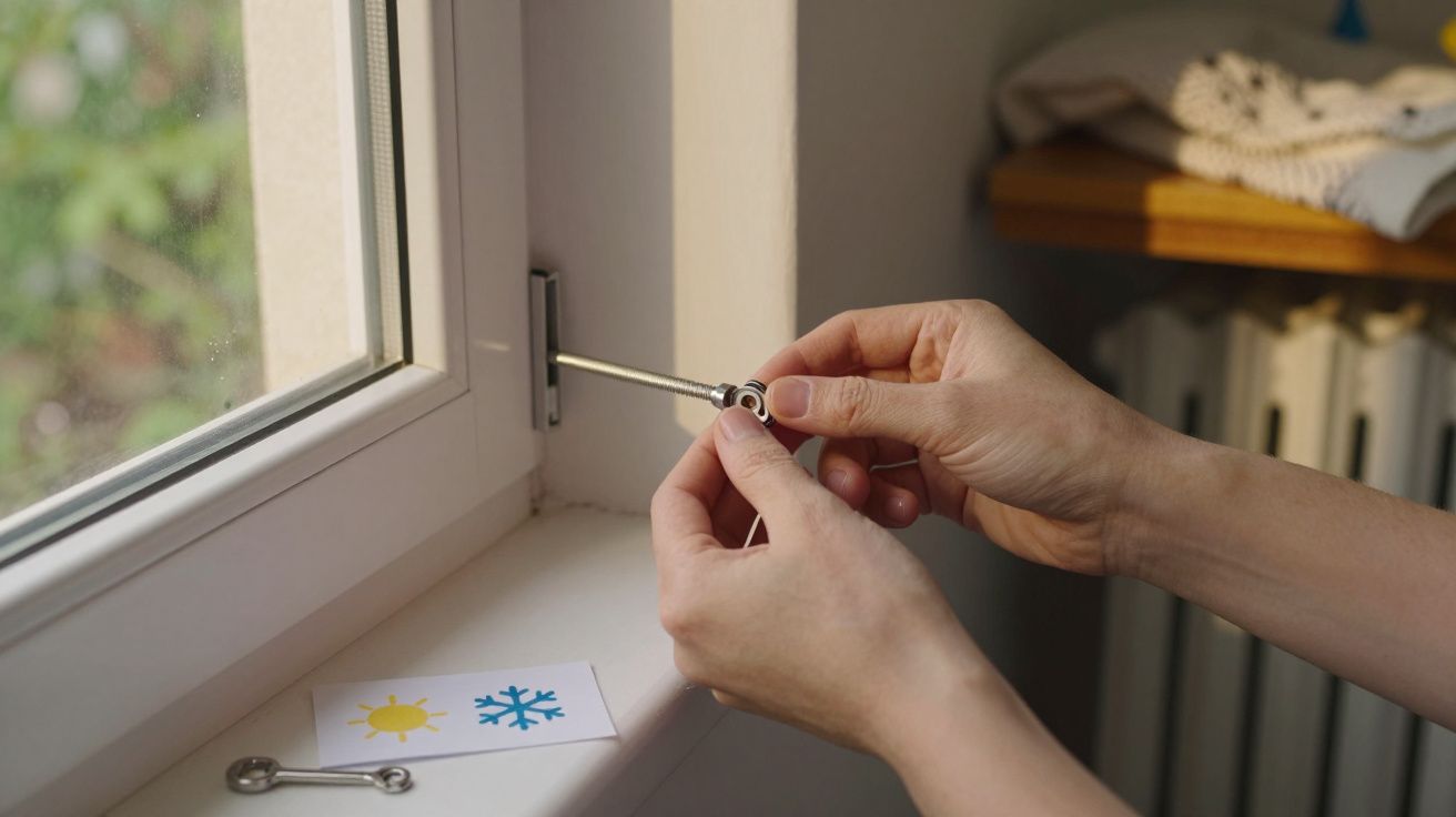 Mãos ajustam trinco de janela com chave, perto de cartão com símbolos de sol e floco de neve.