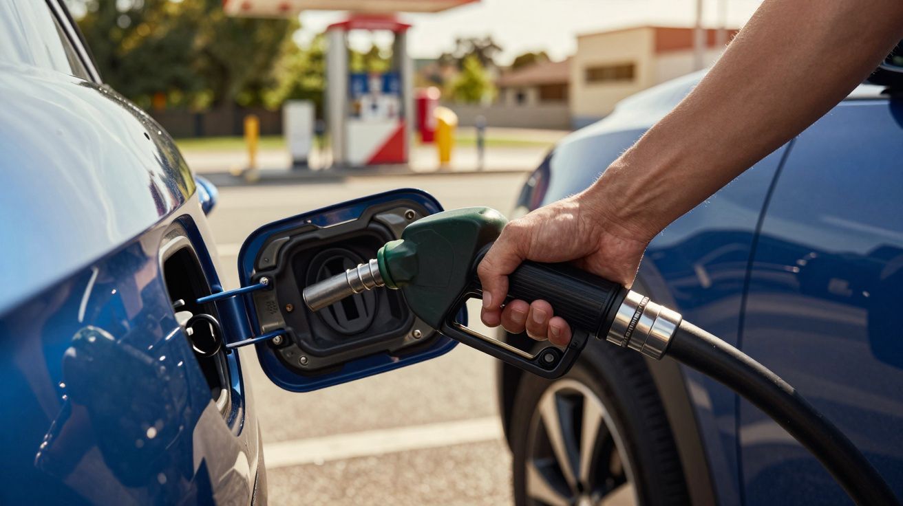 Mão a abastecer um carro azul com gasolina num posto de combustível em dia ensolarado.