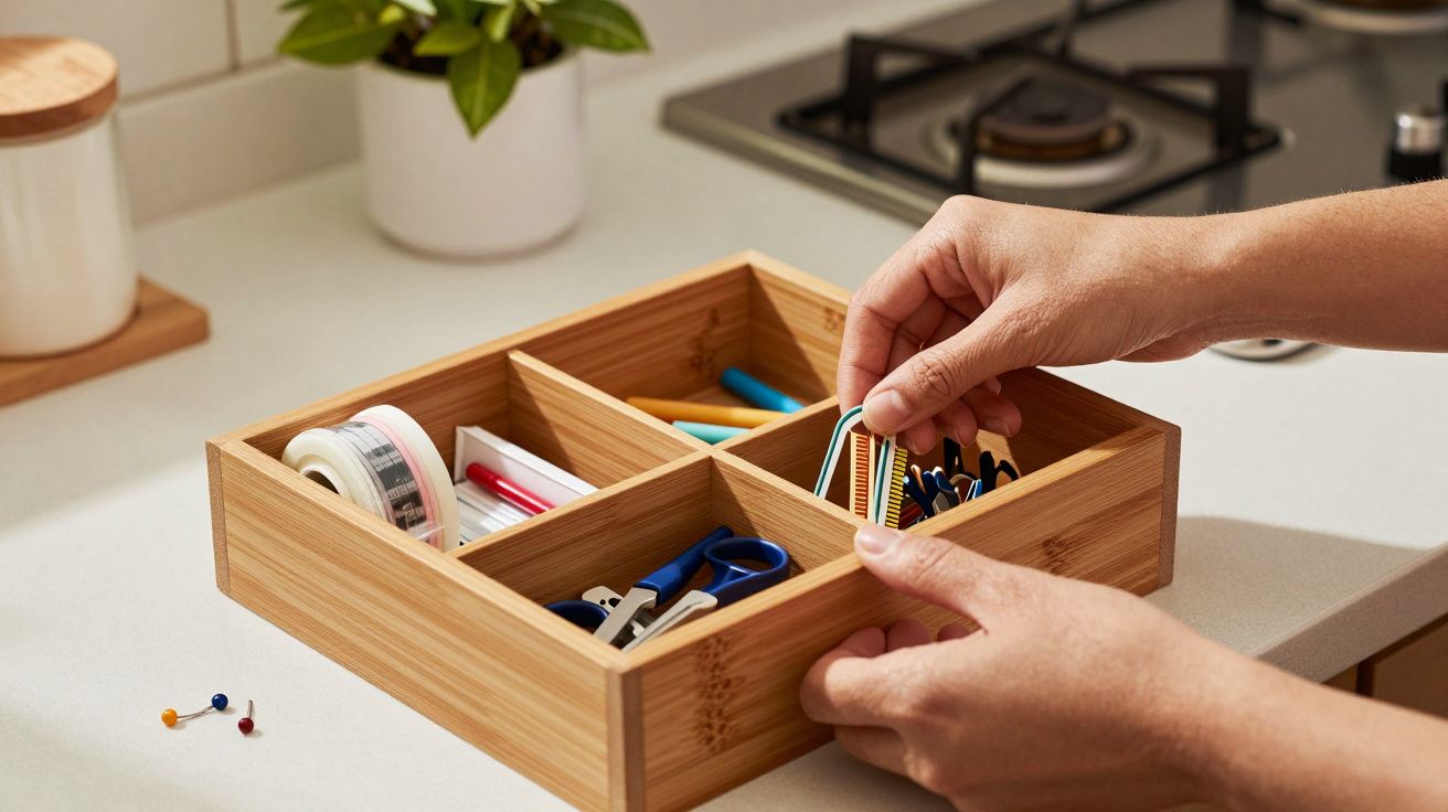 Mãos organizam clipes de cabelo numa caixa de madeira com divisórias em cima de balcão de cozinha com fogão ao fundo.