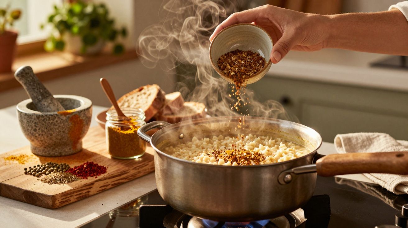 Mão adiciona temperos a panela de massa fumegante num fogão, com ingredientes ao fundo.