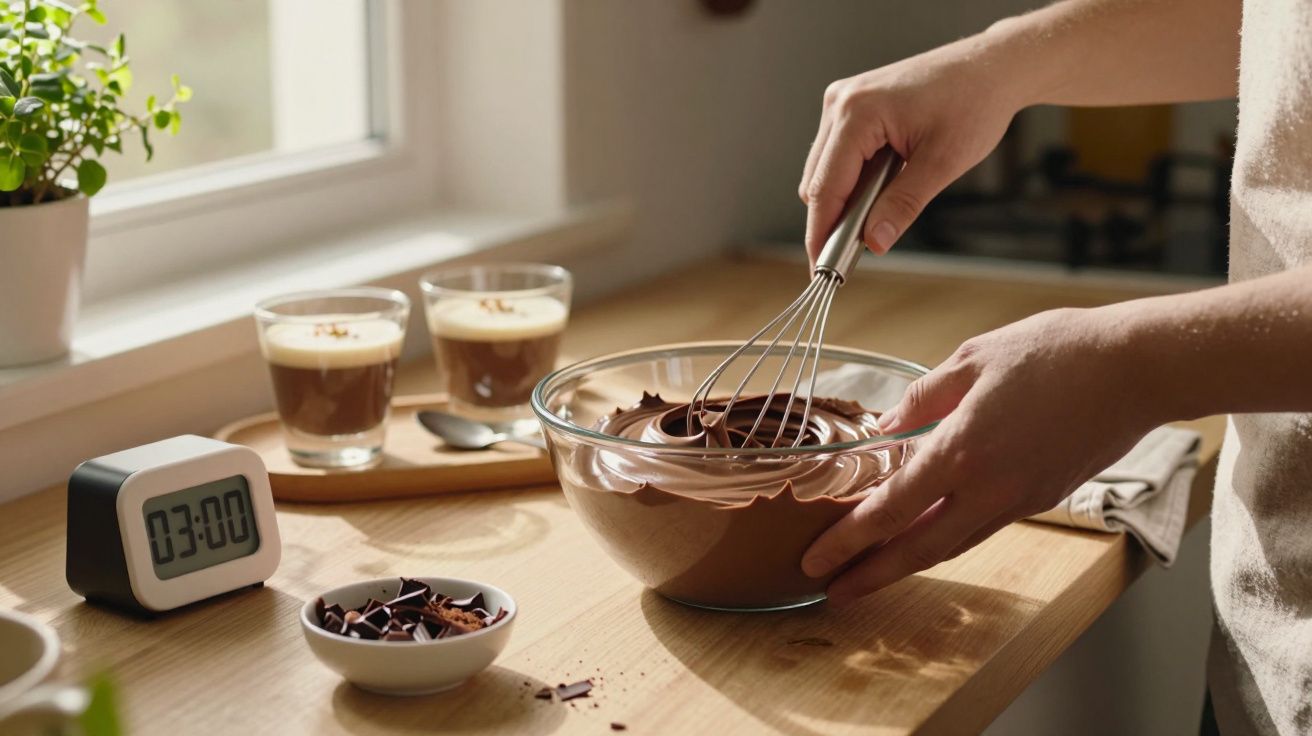 Pessoa a bater mousse de chocolate numa tigela de vidro, relogio 3:00, duas bebidas e planta numa bancada de madeira.