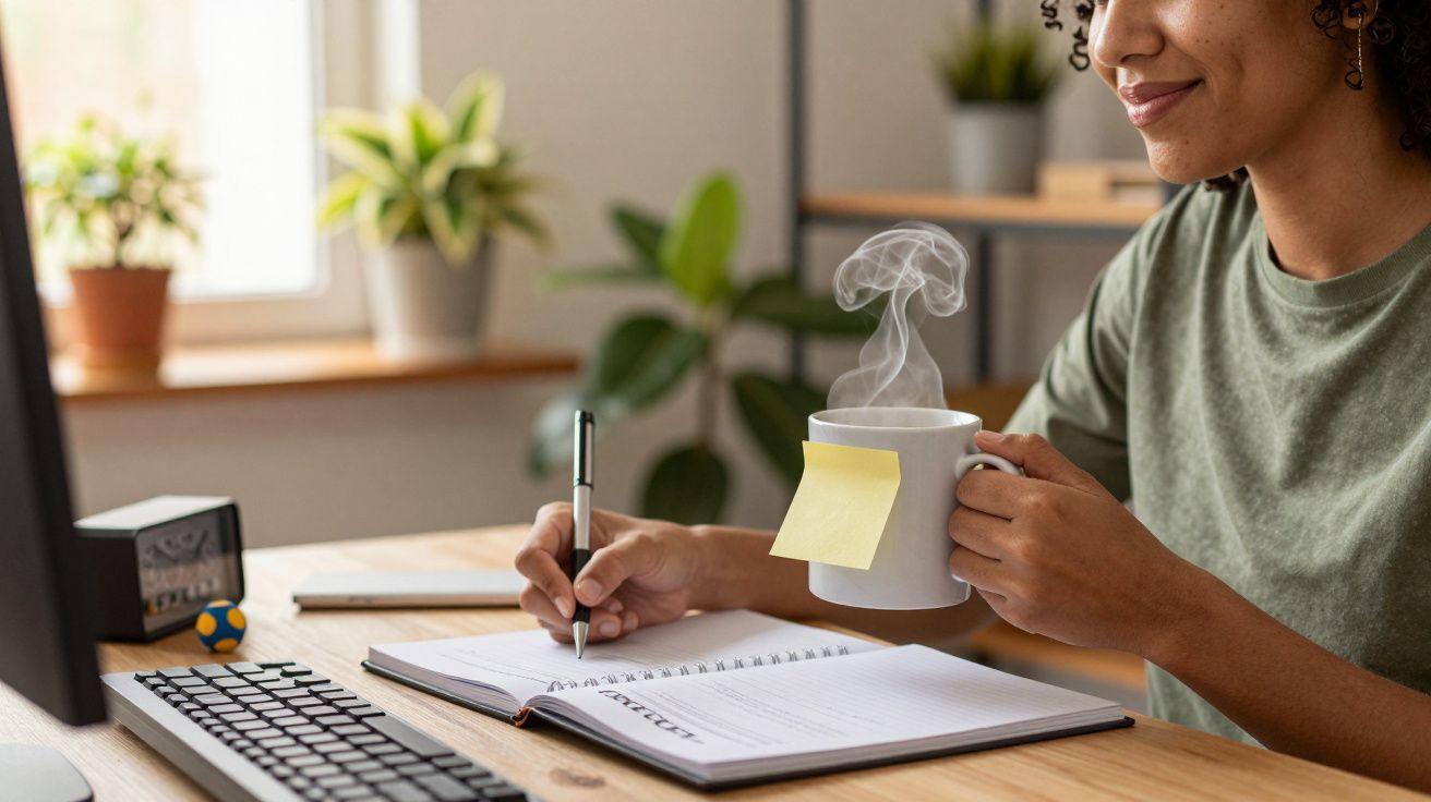 Mulher escrevendo num caderno e segurando uma caneca fumegante numa mesa com plantas e computador.