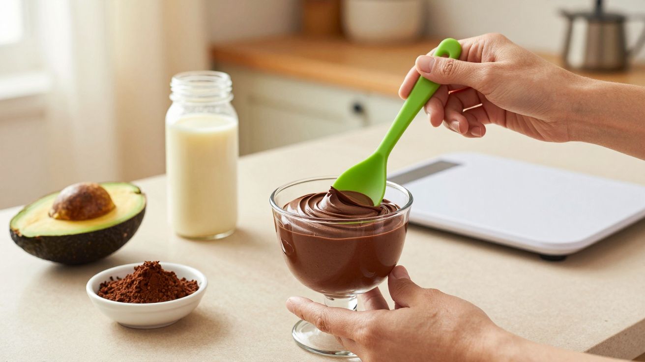 Mãos mexem mousse de chocolate com espátula verde. Abacate, leite e cacau ao fundo em bancada de cozinha.