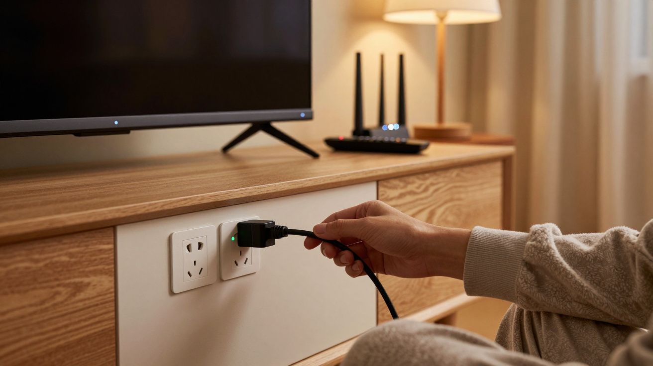 Pessoa liga cabo numa tomada, perto de uma TV e um router, numa sala iluminada por abajur.