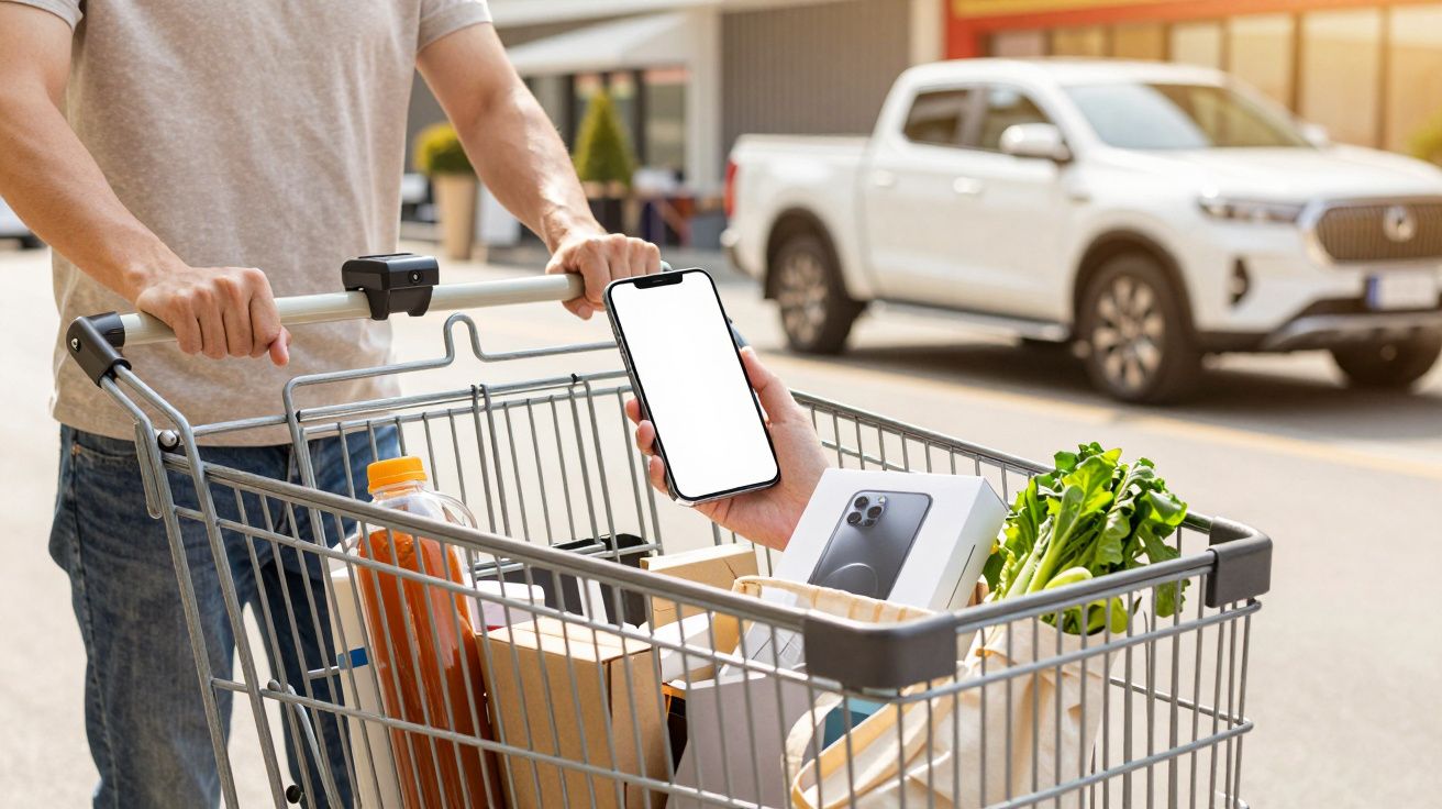 Pessoa a empurrar carrinho de compras com smartphone, produtos e vegetais, ao ar livre, com carro ao fundo.