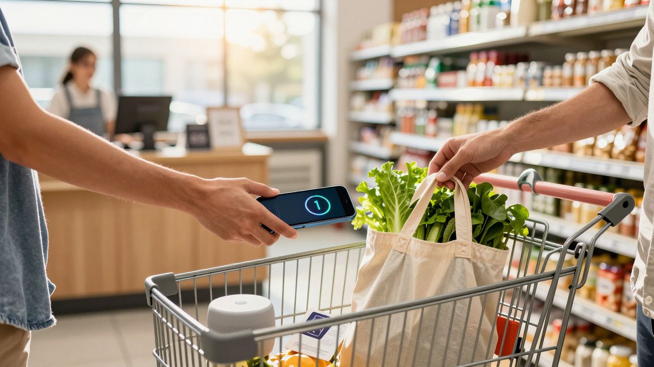 Pessoa a pagar com smartphone num supermercado, um carrinho com saco de compras e produtos, caixa ao fundo.