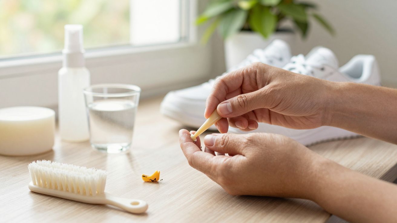 Mãos a tratar unhas com empurrador de cutículas numa mesa de madeira, ao lado de sapatos e produtos de limpeza.