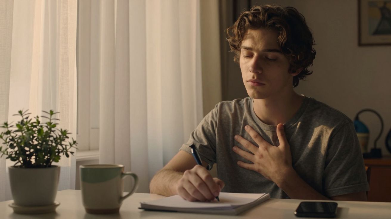 Jovem pensativo escreve em caderno, mão no peito, à mesa com planta e chá; luz suave de janela ao fundo.