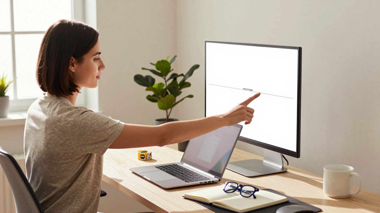 Mulher apontando para ecrã de computador numa secretária com portátil, plantas e óculos.