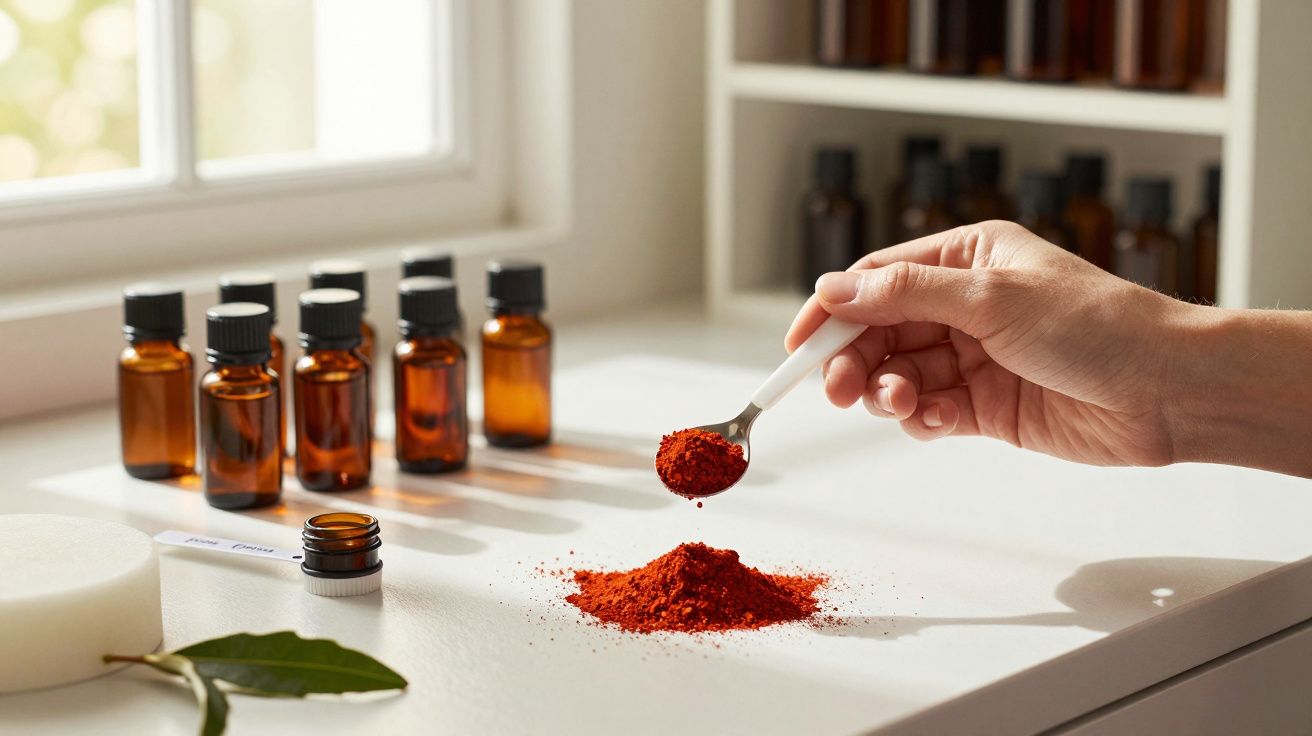 Mão segurando colher com pó vermelho e frascos de vidro castanho em fundo claro.