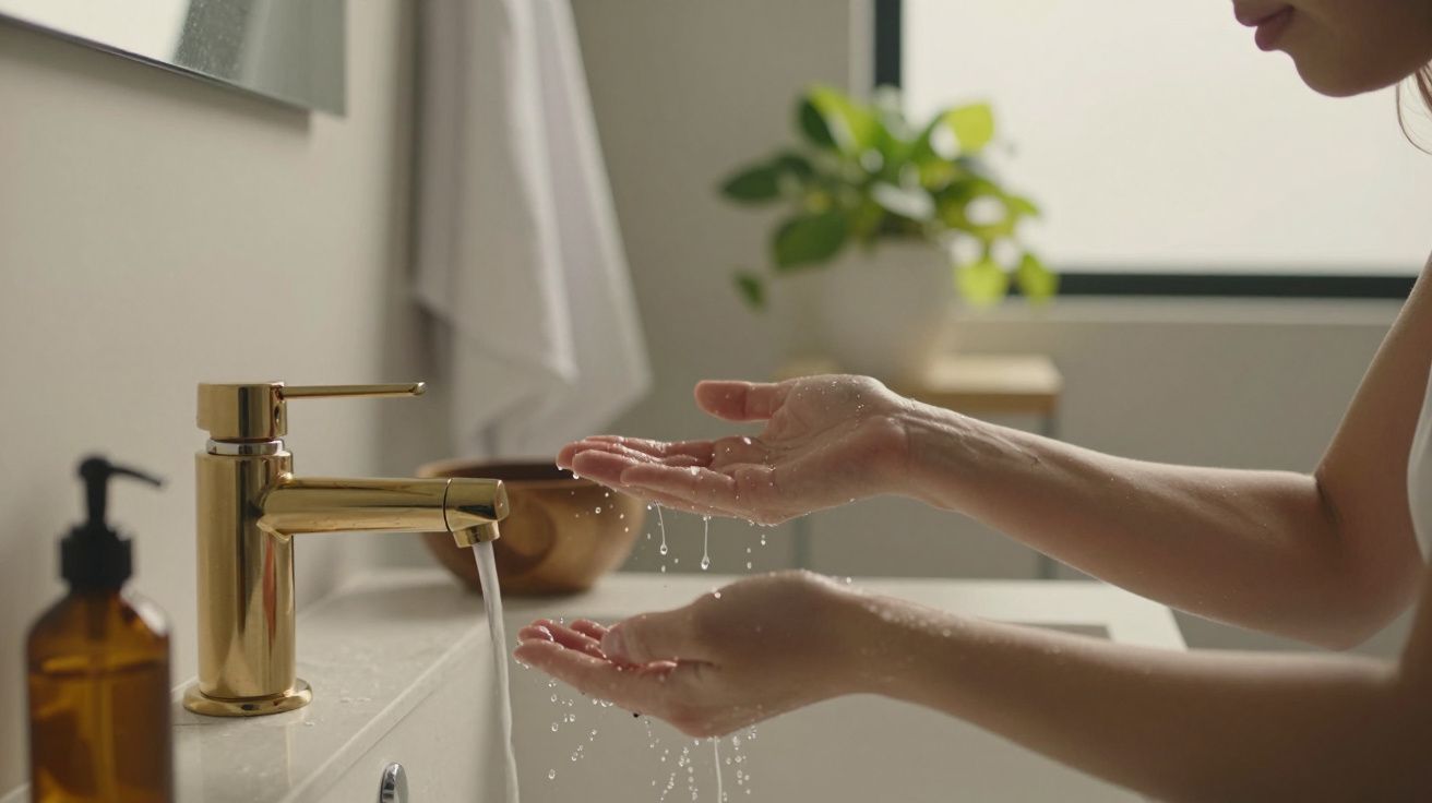Mãos femininas lavando-se em lavatório com torneira dourada, planta e toalha ao fundo.
