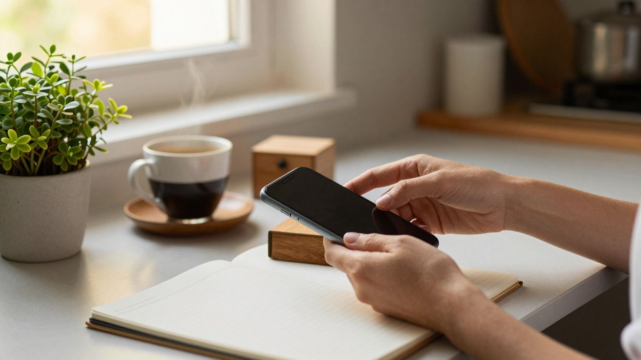 Pessoa segurando um telemóvel sobre um caderno aberto, ao lado de uma chávena de café e uma planta pequena à janela.