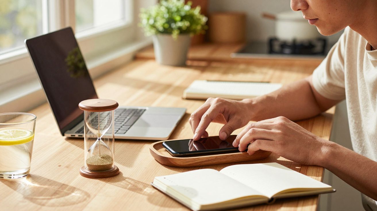 Pessoa a tocar num smartphone na mesa com caderno, ampulheta, copo de limonada e portátil ao lado de janela.
