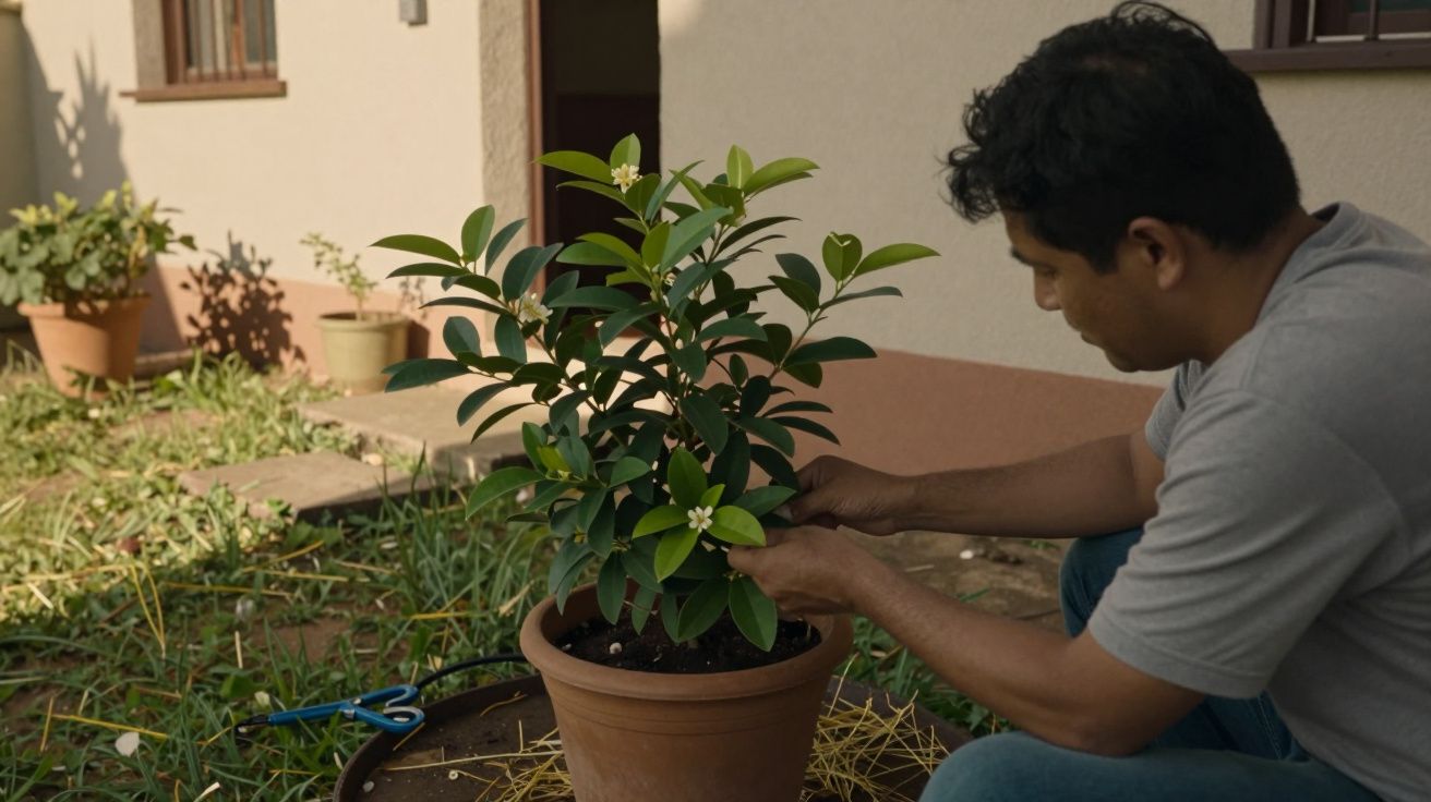 Homem cuida de planta num vaso no jardim, próximo a uma casa com janela e porta.