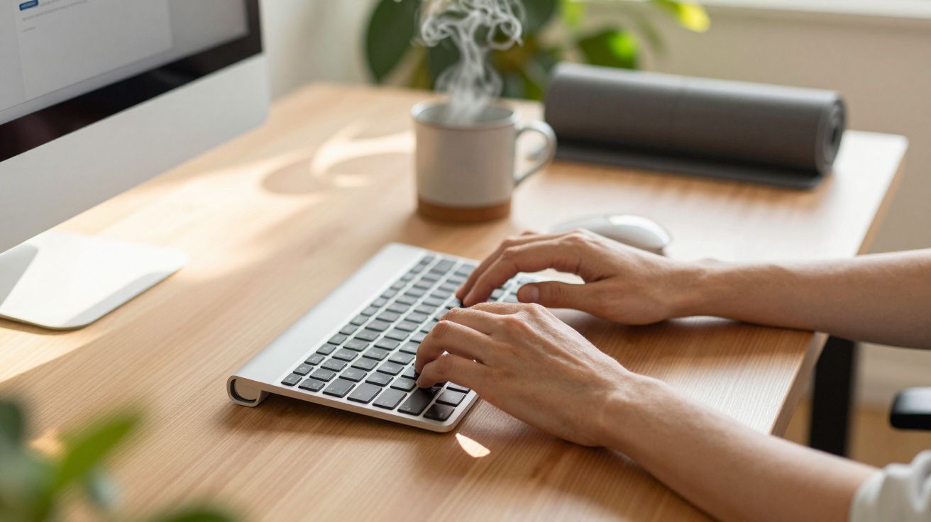 Pessoa a teclar num teclado wireless, com chá fumegante ao fundo numa mesa de escritório iluminada.