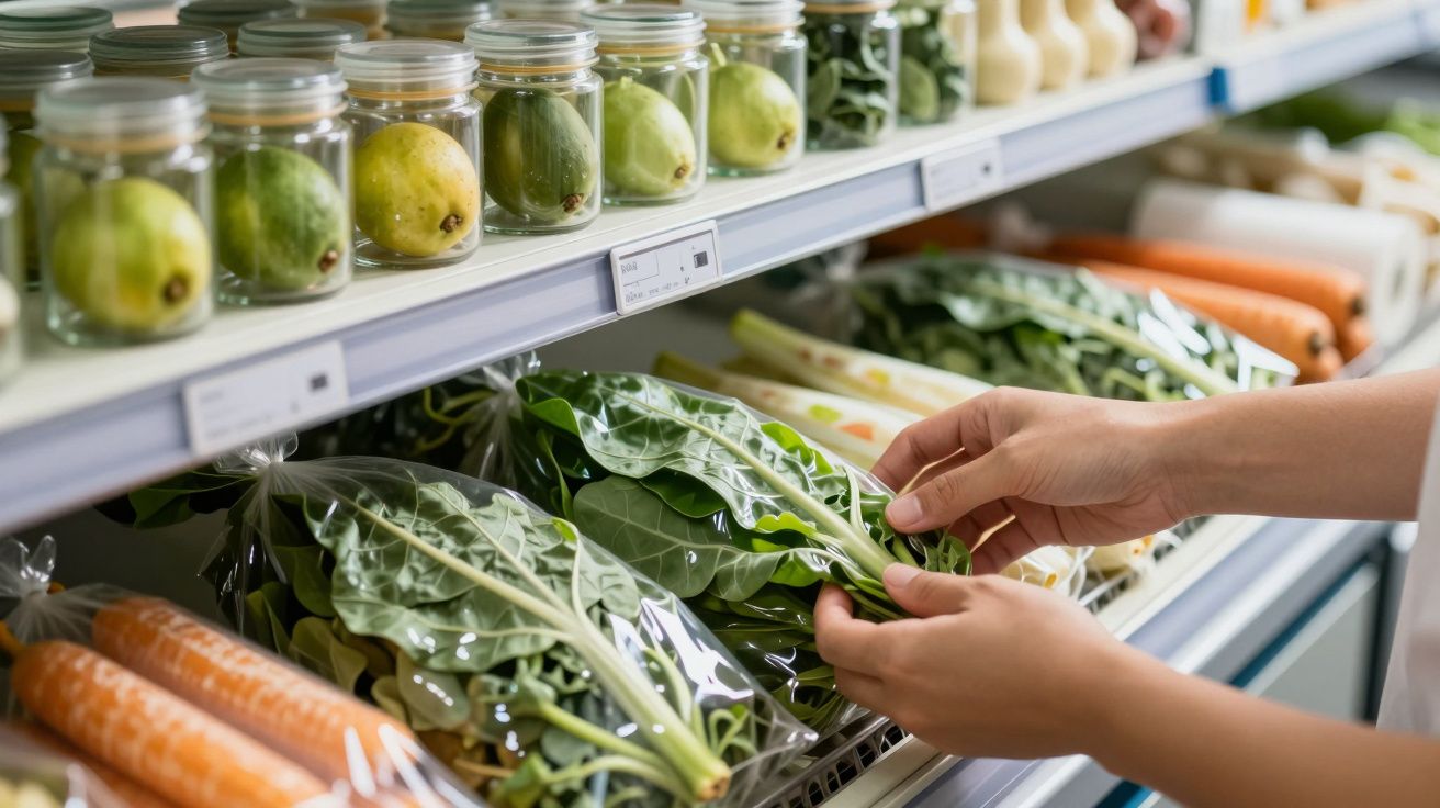 Pessoa pega verduras embaladas numa prateleira de supermercado, rodeada de vegetais frescos e frascos de vidro.