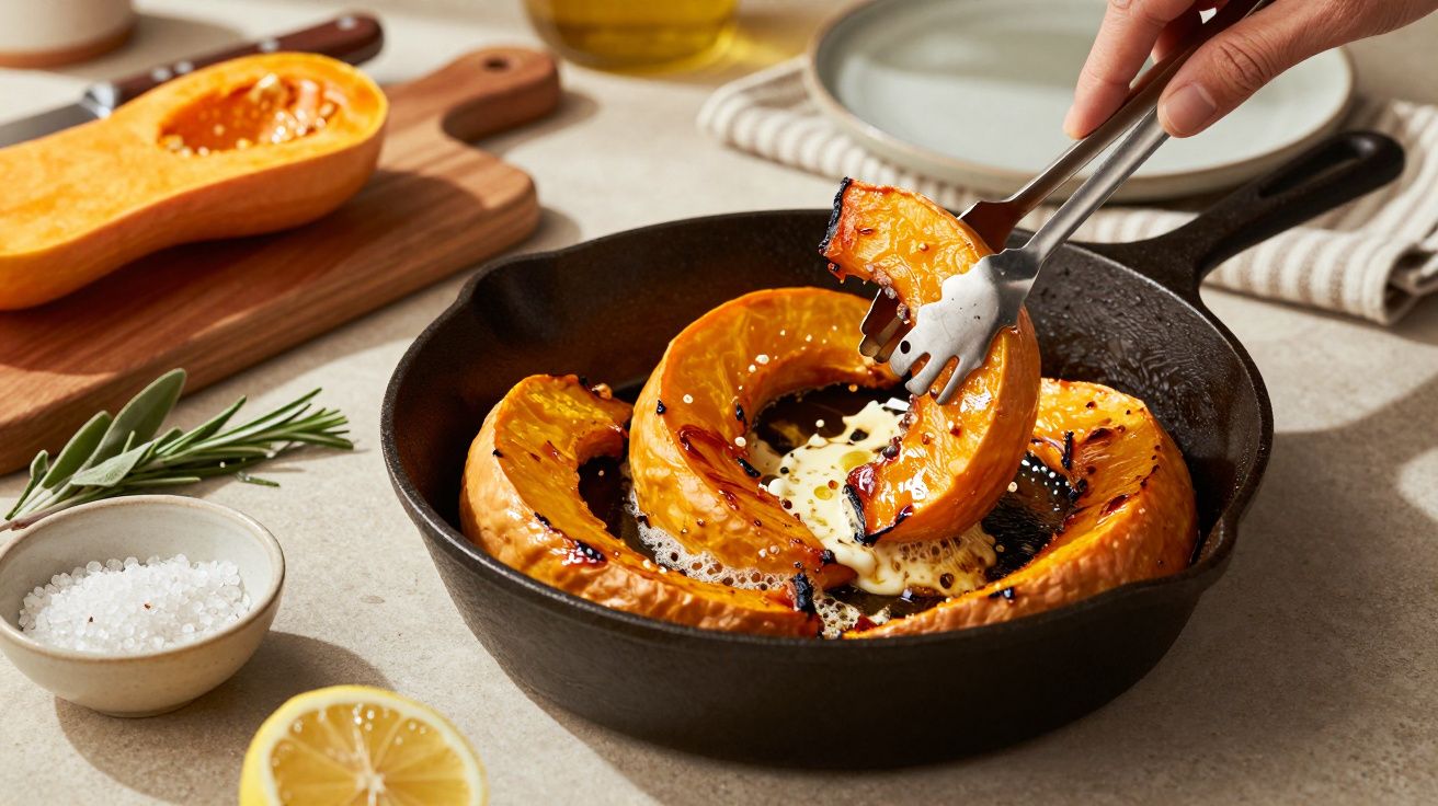 Abóbora assada em frigideira de ferro, servida com molho cremoso. Mão usando talheres para pegar uma fatia.