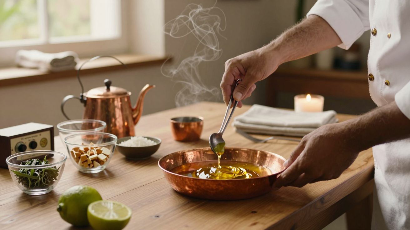Chef cozinha com azeite em panela de cobre, mesa com ingredientes, limão e chaleira ao fundo.
