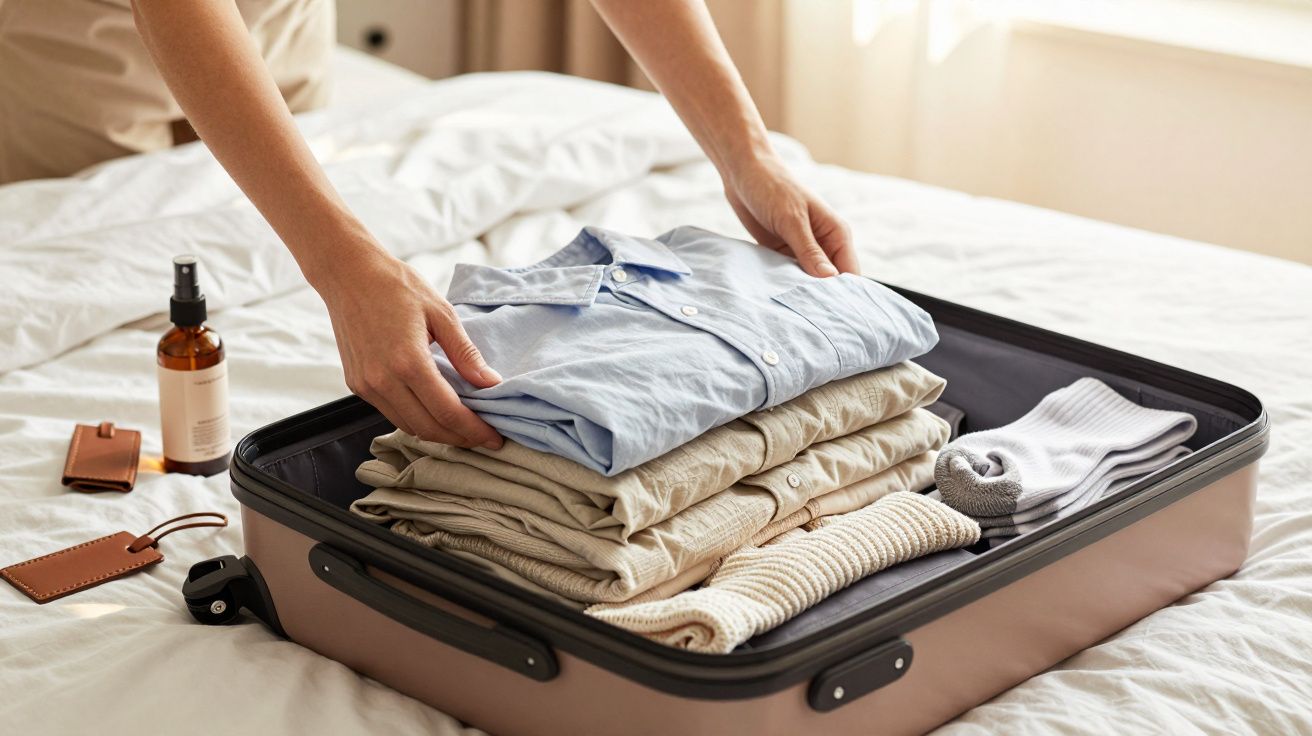 Pessoa a arrumar uma mala de viagem em cima de uma cama, com roupa dobrada e acessórios ao lado.