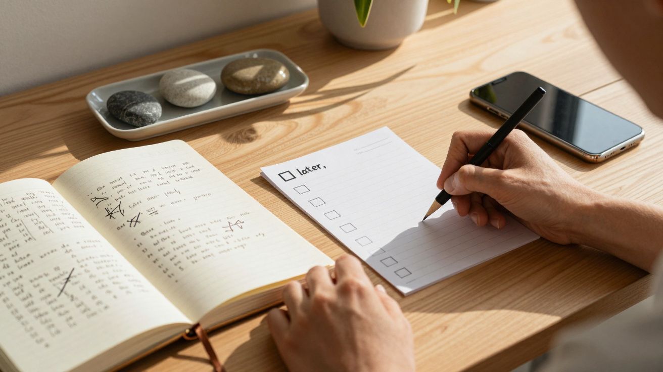 Pessoa escreve lista de tarefas ao lado de um bloco de notas aberto e um telemóvel numa mesa de madeira clara.
