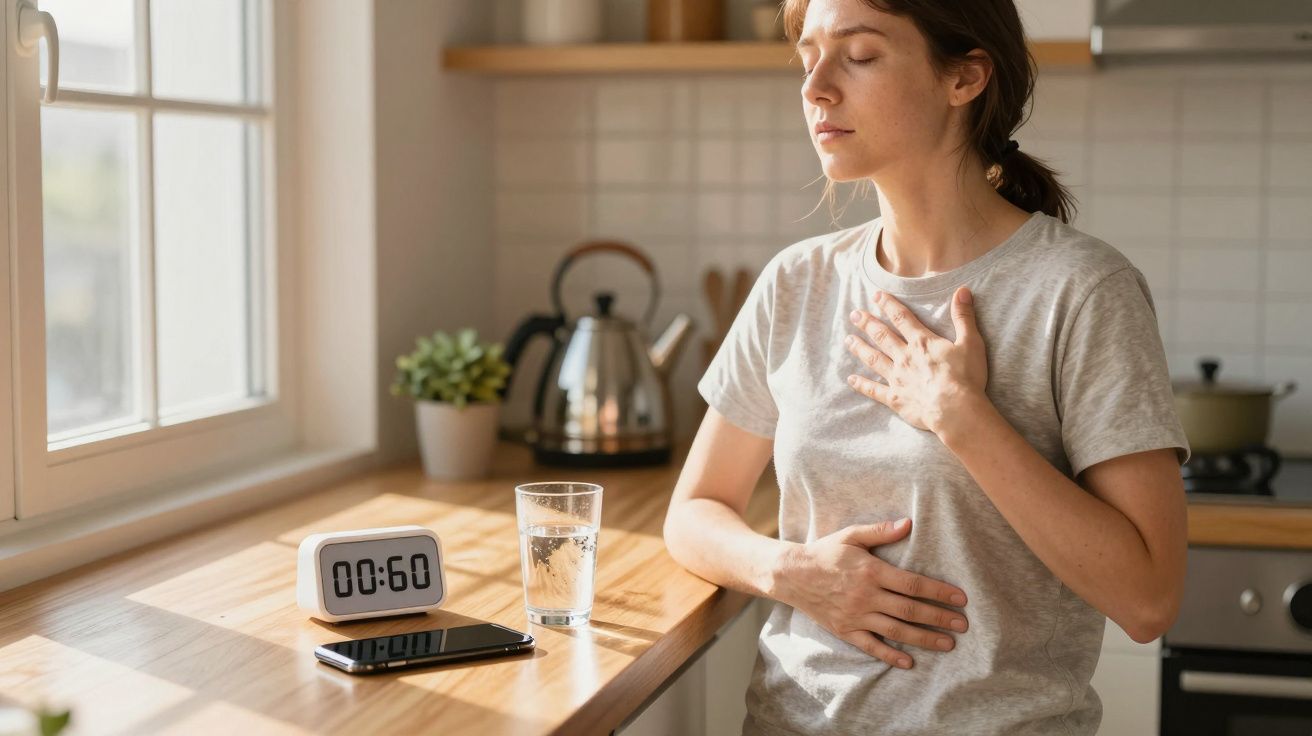 Mulher meditando na cozinha, com as mãos no peito e no abdómen, ao lado de um copo de água e um relógio.