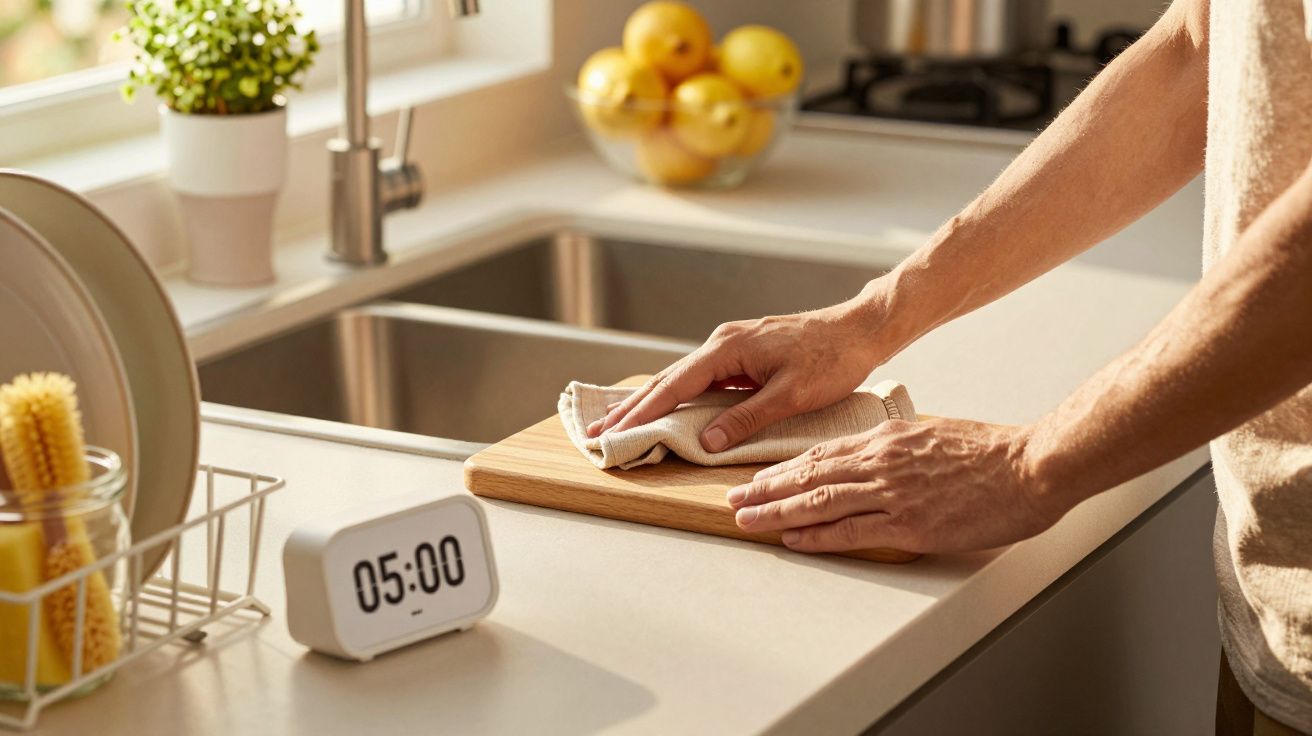 Pessoa a limpar uma tábua de cortar na cozinha com relógio mostrando 5:00 ao lado.