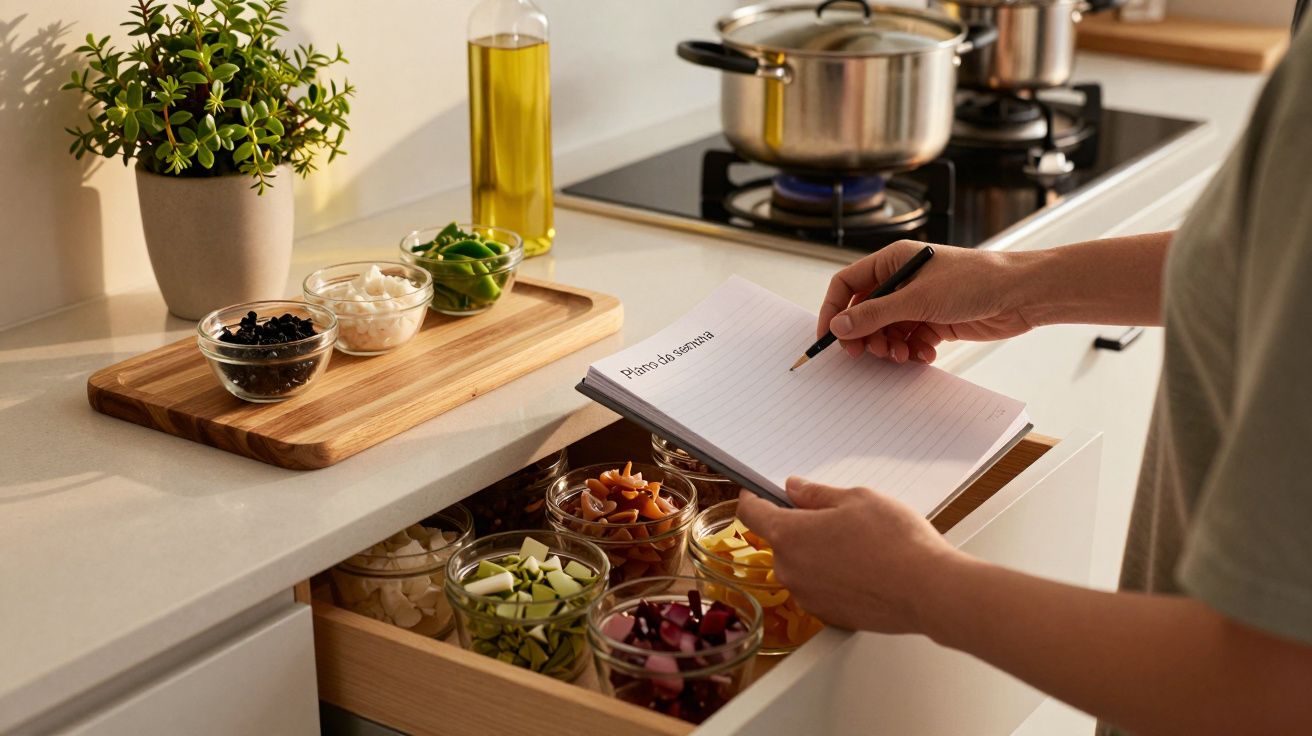 Pessoa escreve em caderno na cozinha com ingredientes e panela ao lume no fogão.