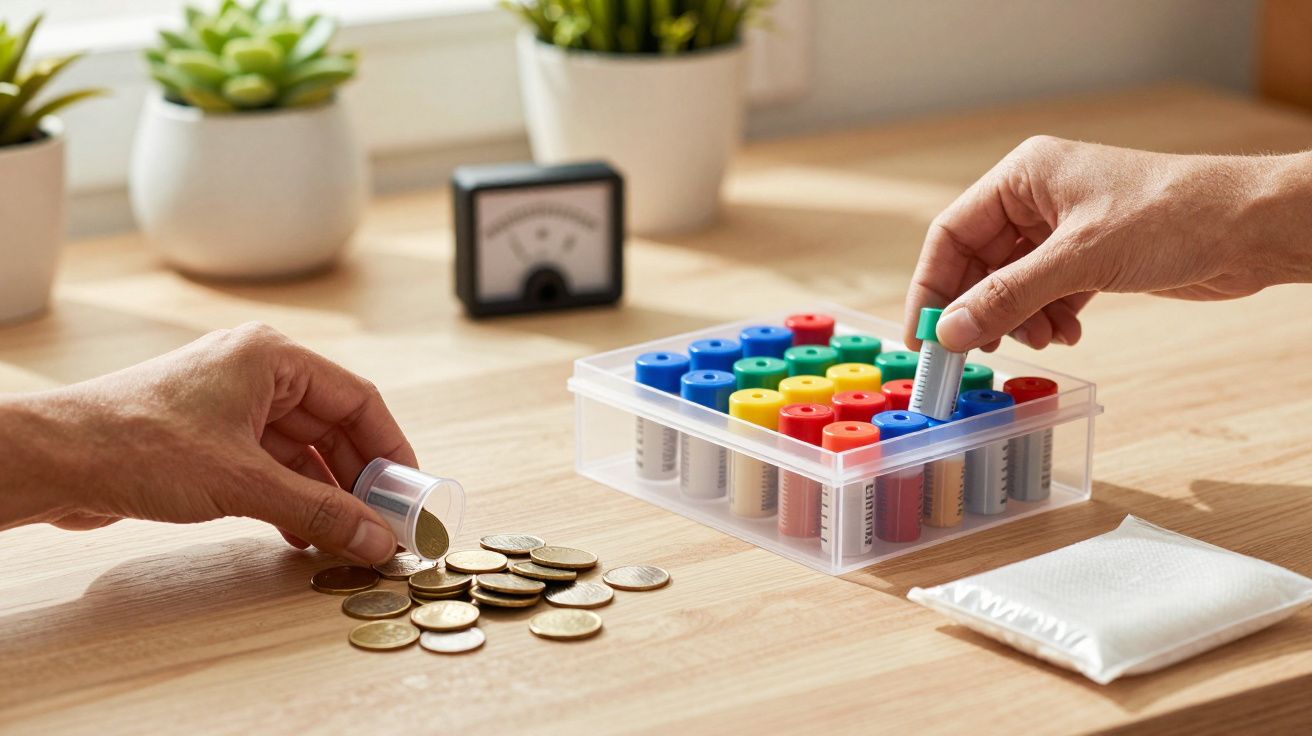 Duas mãos a contar moedas e a organizar tubos coloridos de moedas numa caixa, com plantas e caderno ao fundo.