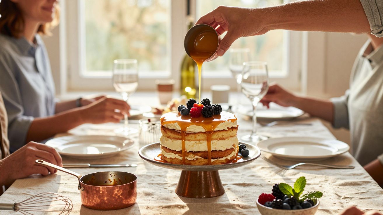 Mão a verter molho sobre bolo de camadas decorado com frutas, numa mesa posta para refeição com várias pessoas.