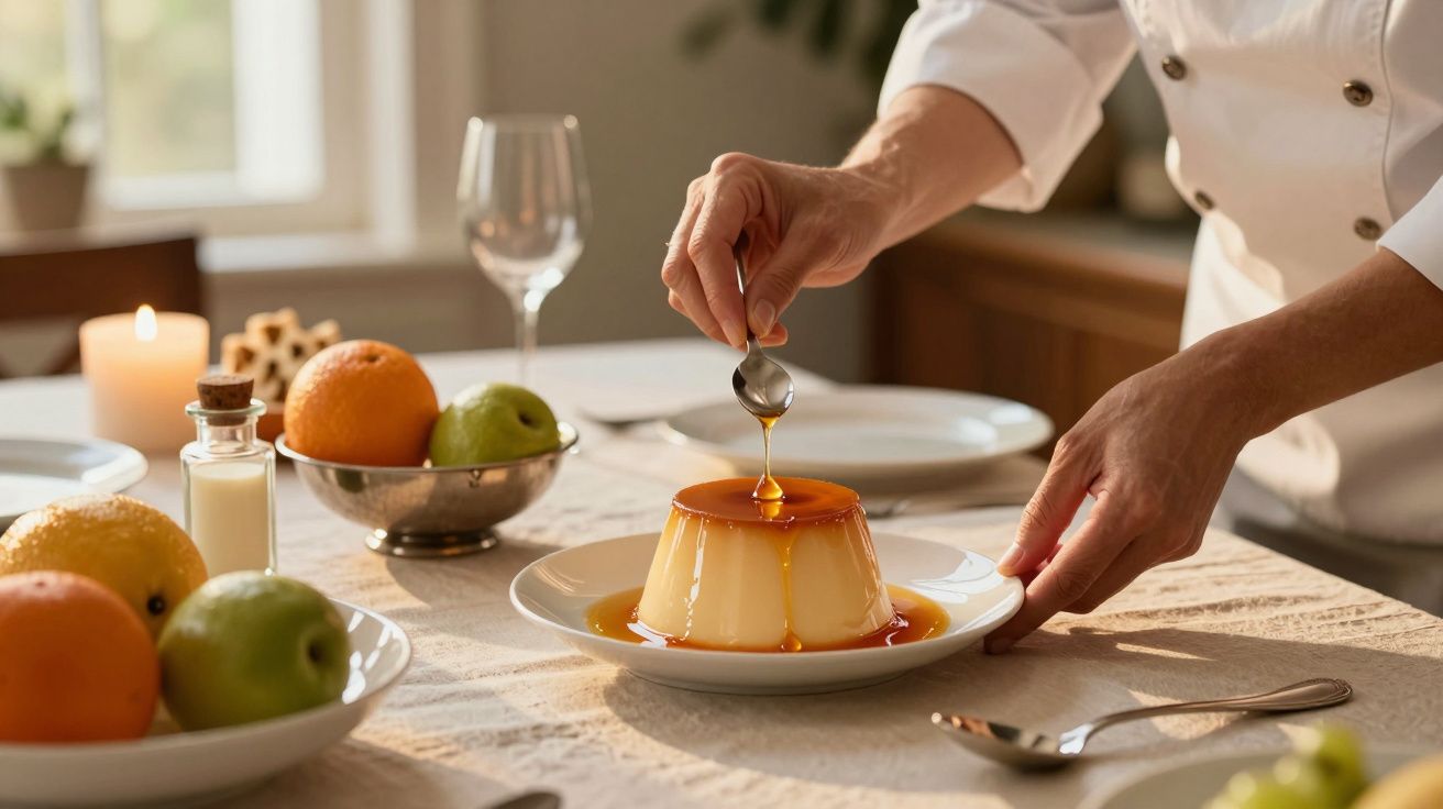 Chef a decorar um pudim de caramelo com uma colher numa mesa posta com frutas e copos.