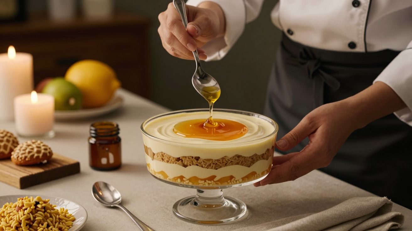 Pessoa decorando sobremesa em taça com calda de mel, ao lado de frutas e doces sobre a mesa.