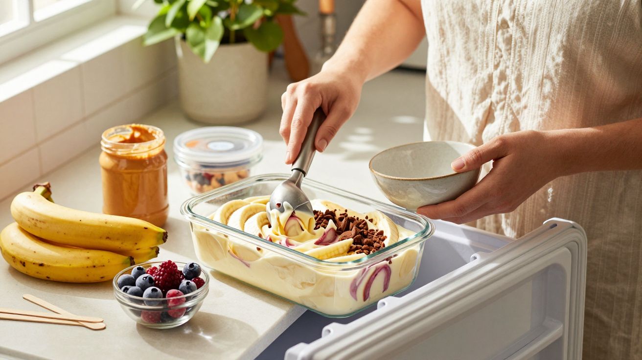Pessoa prepara sobremesa com gelado, bananas e chocolate numa cozinha iluminada. Frutas e manteiga de amendoim à vista.
