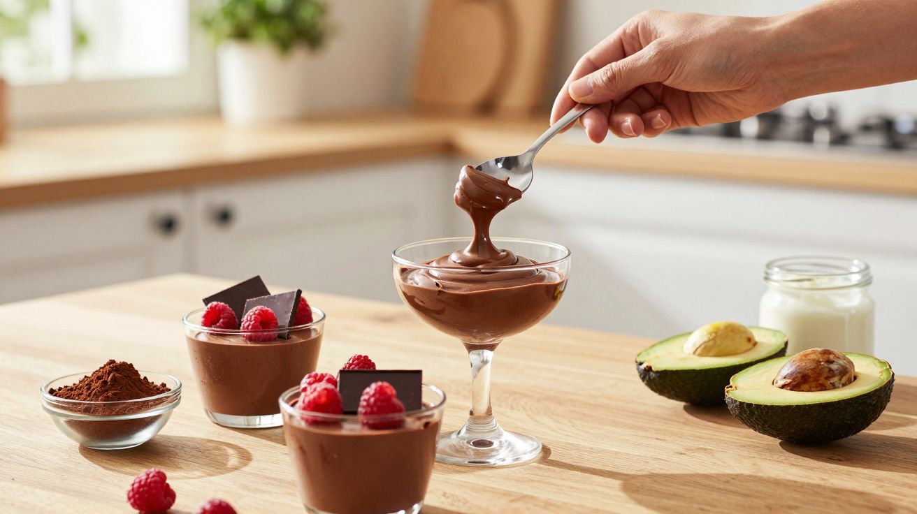 Sobremesa de chocolate em taças com framboesas e pedaços de chocolate, abacate e cacau em pó na bancada de cozinha.