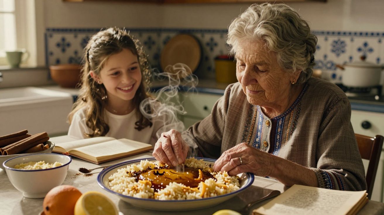 Idosa prepara prato tradicional com arroz e canela, enquanto criança observa sorridente na cozinha.