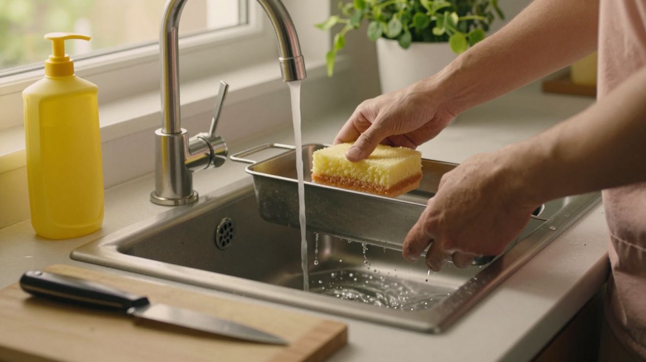 Mãos lavam uma assadeira com esponja amarela em pia de cozinha, com garrafa de detergente e faca ao lado.