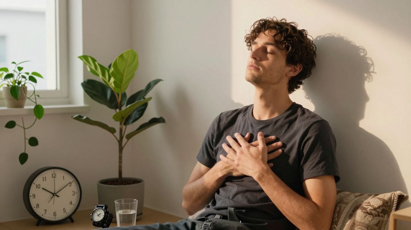Homem sentado, de olhos fechados, mãos no peito, relaxando ao sol. Relógio, plantas e copo de água na mesa.