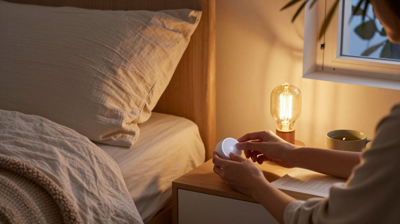 Pessoa ajusta dispositivo numa mesa de cabeceira com candeeiro aceso ao lado de uma cama.
