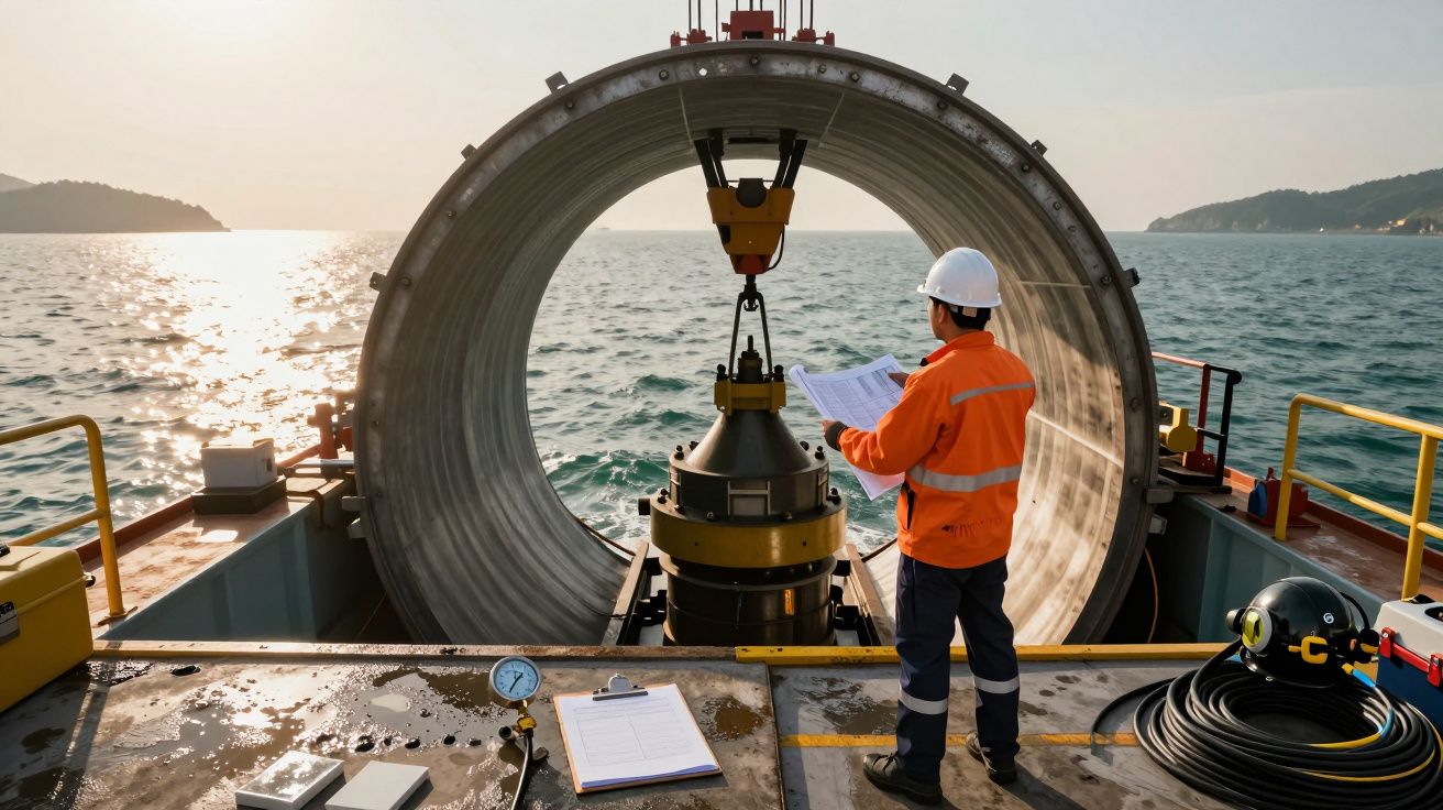 Engenheiro de capacete e colete laranja inspeciona equipamento num barco, com mar ao fundo.