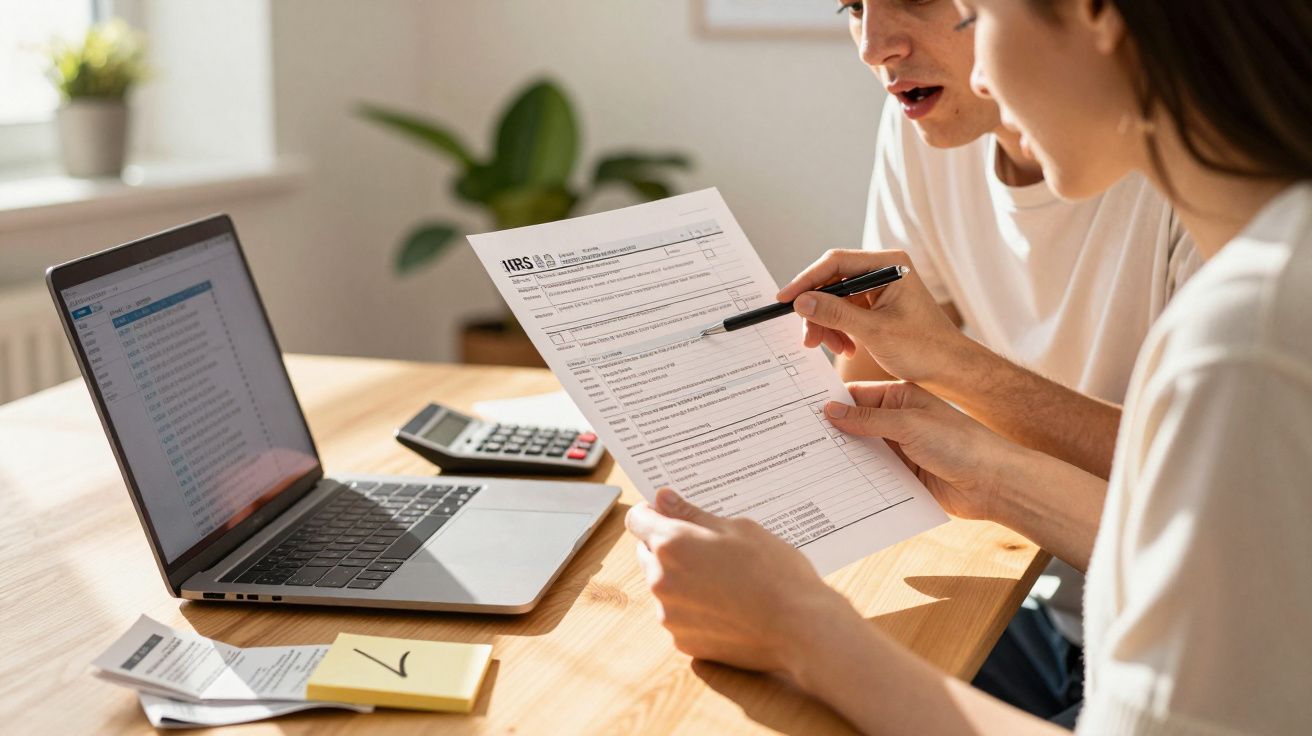 Duas pessoas analisam documentos fiscais numa mesa com portátil, calculadora e plantas ao fundo.