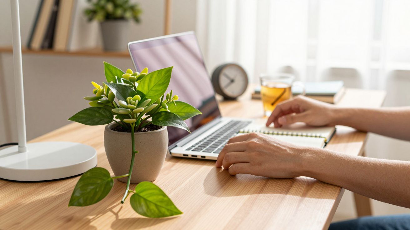 Pessoa a trabalhar num portátil com chá, relógio e planta na secretária de madeira.