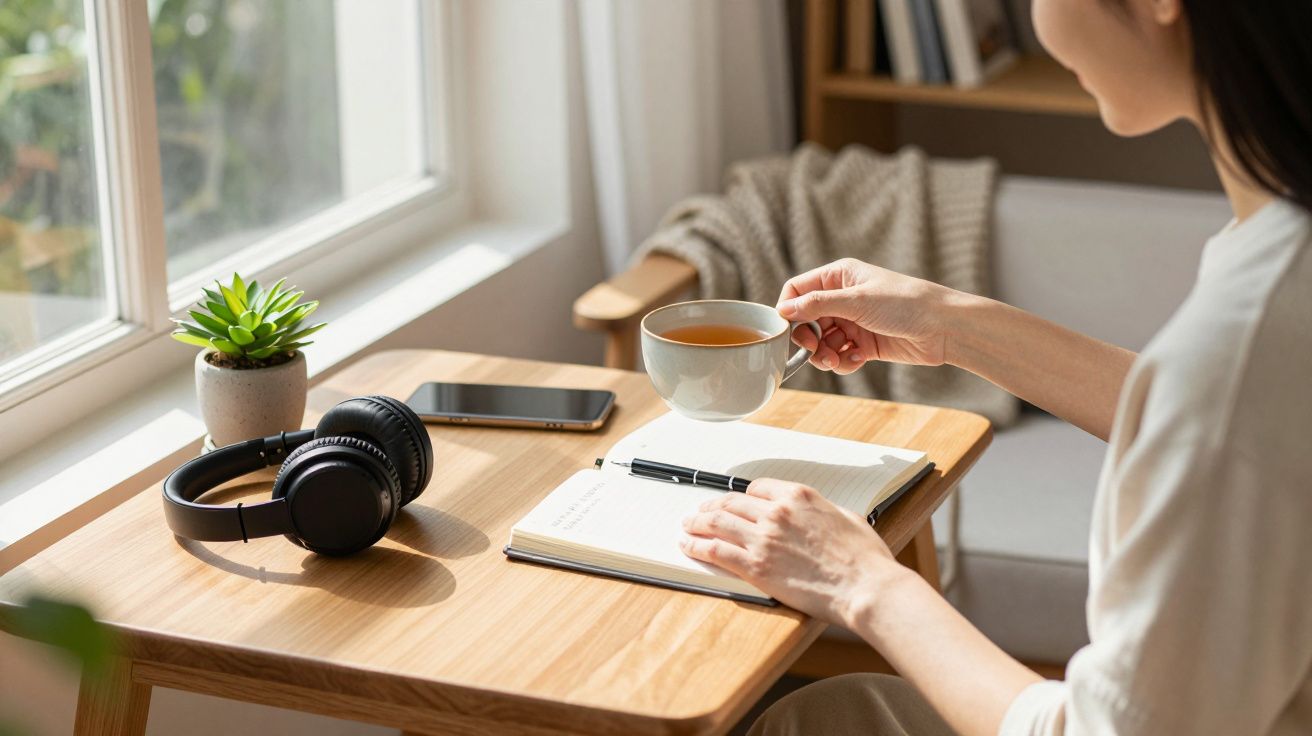 Mulher segura chá junto a janela, com caderno, auriculares e telemóvel numa mesa de madeira.