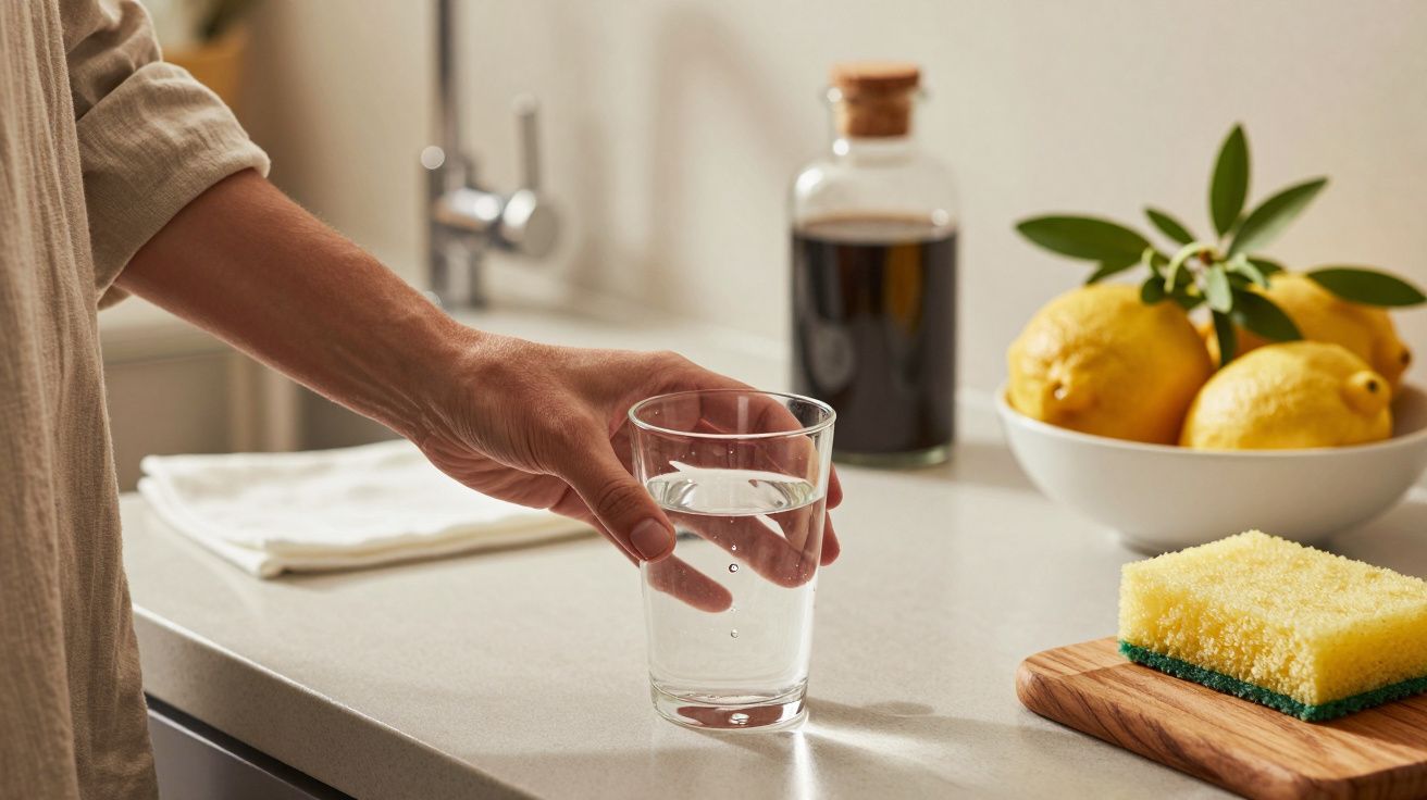 Mão segurando copo de água numa bancada de cozinha com limões, esponja, e garrafa ao fundo.
