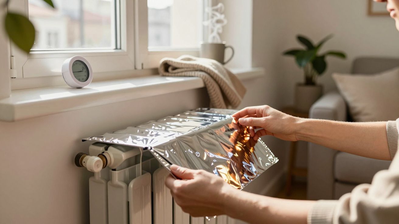 Pessoa coloca folha de alumínio atrás de um radiador em ambiente doméstico, medidor de temperatura na janela.