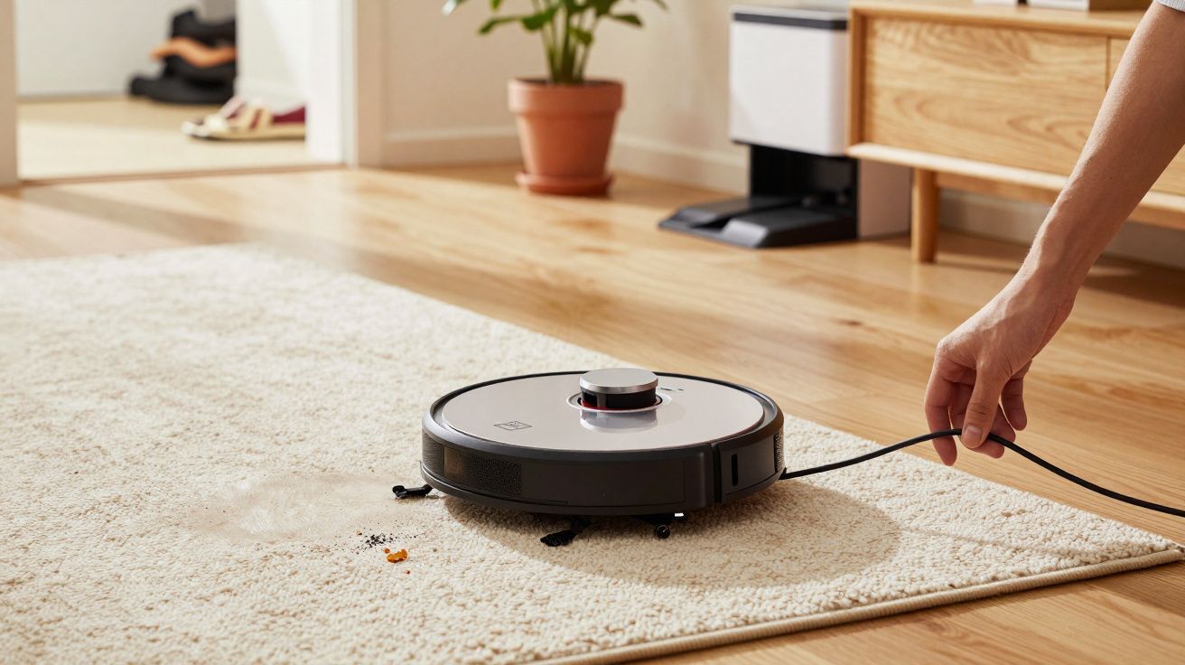 Robô aspirador numa sala, sobre um tapete bege, em piso de madeira clara, com uma mão segurando o cabo de carregamento.
