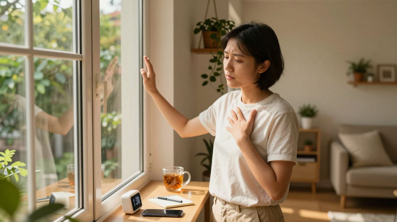 Mulher de pé junto à janela, com a mão no peito, expressão preocupada, chá, telemóvel e caderno na mesa.