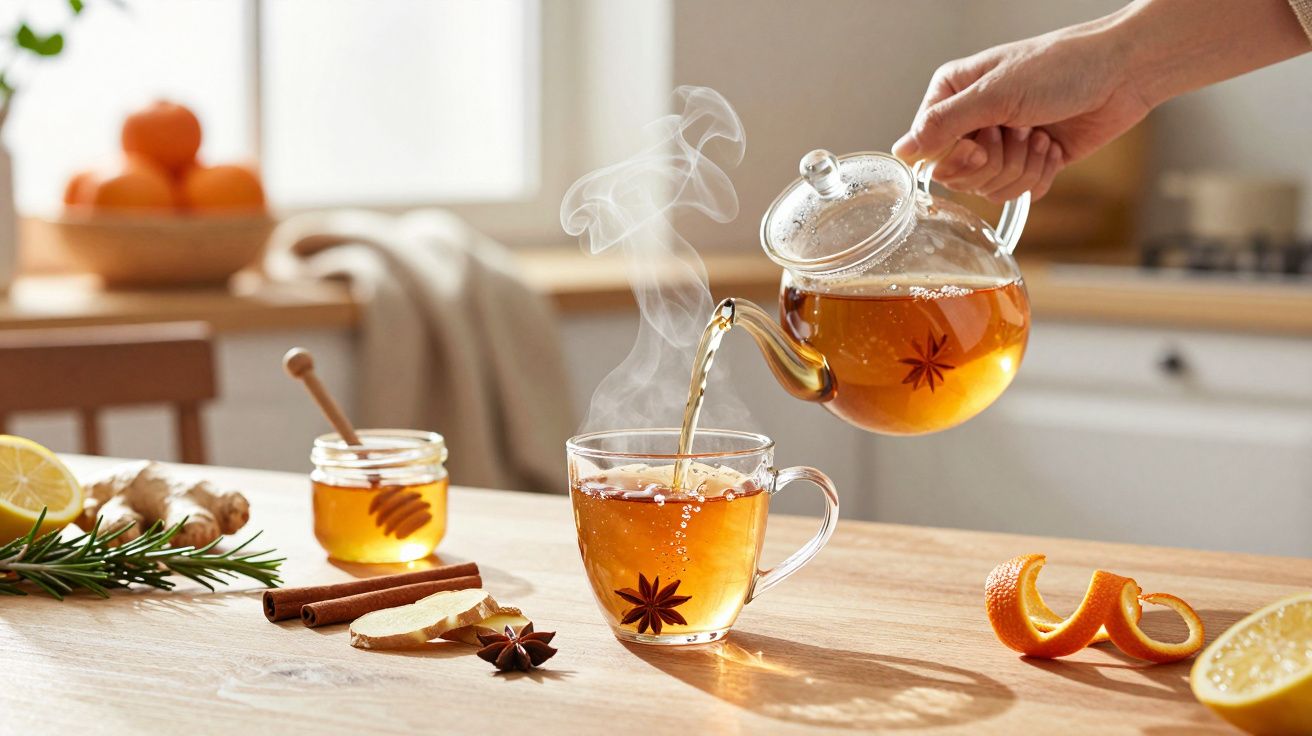 Pessoa a servir chá quente em chávena de vidro com anis, num ambiente de cozinha, rodeada de especiarias e frutas.